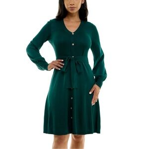 Nina Leonard Teal Long Sleeve Dress with Button Detail